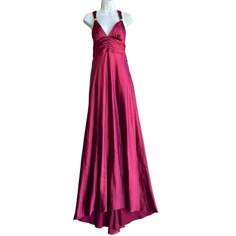 ADRIANNA PAPELL Halter Maxi Dress Gown Sz 4 Satin Backless Fairy Rhinestone Wine